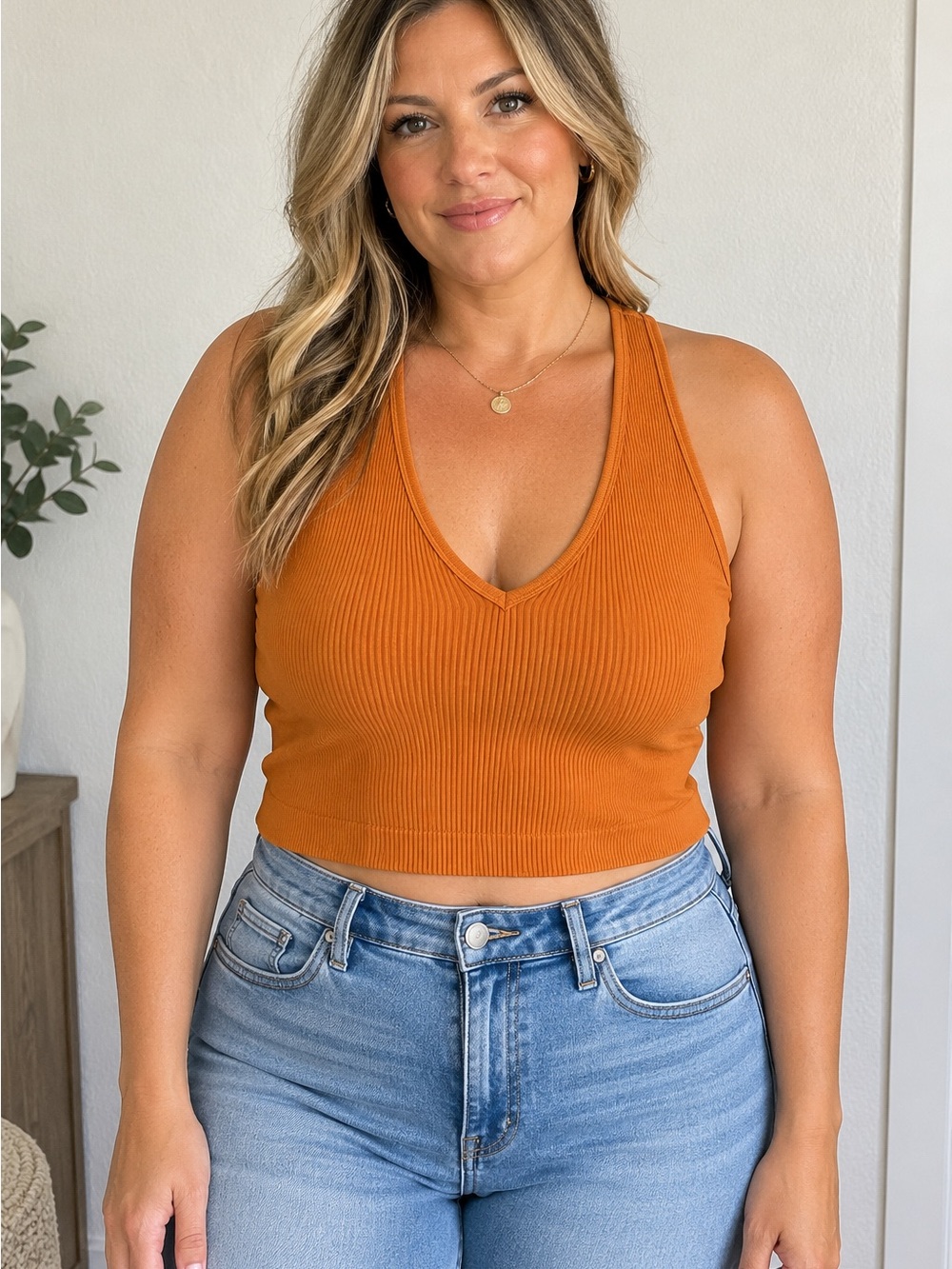 2X3X Ribbed V-Neck Longline Sports Bra Brami Rust Orange Yoga Athletic Gym NWT